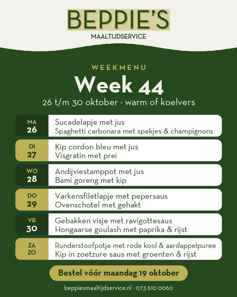 Weekmenu week 44 van Beppie's Maaltijdservice