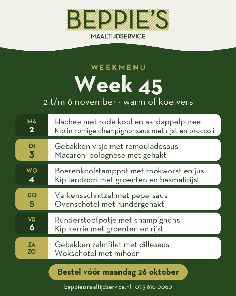 Weekmenu week 45 van Beppie's Maaltijdservice