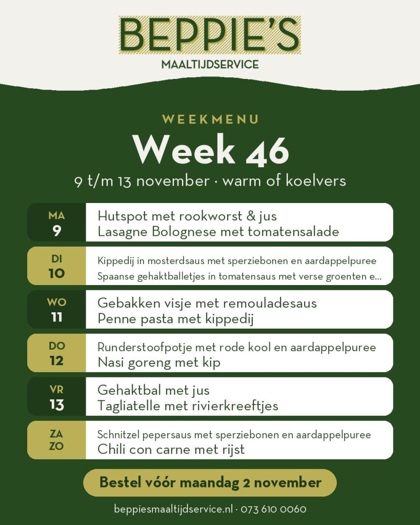 Weekmenu week 46 van Beppie's Maaltijdservice
